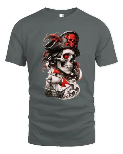 Pirate Skull Captain Tee with Red Sails and Dark Ocean Art - gray t-shirt on white background