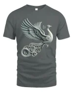 Elegant Silver Peacock Tee with Artistic Winged Bird Design - gray t-shirt on white background