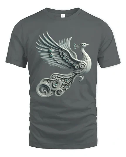 Elegant Silver Peacock Tee with Artistic Winged Bird Design - gray t-shirt on white background