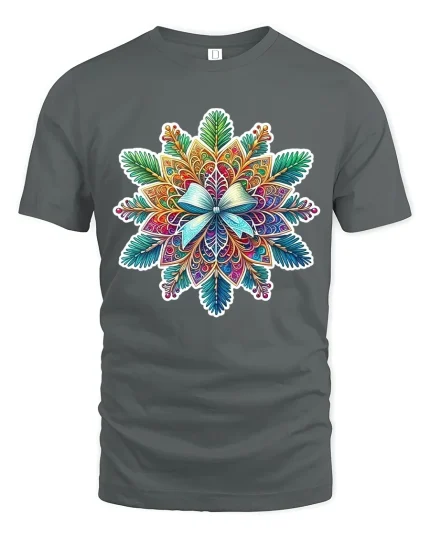 Colorful Mandala Art Tee with Intricate Floral Pattern - gray t-shirt on white background