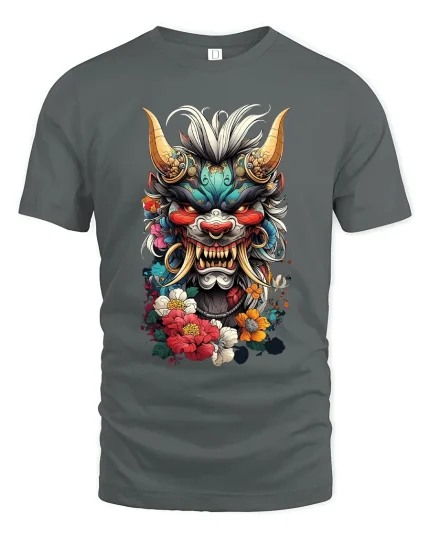 Fierce Oni Mask Floral Art Tee with Bold Japanese Style - gray t-shirt on white background