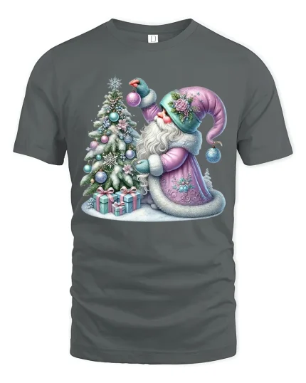 Pastel Santa Decorating Christmas Tree Holiday Art Tee - gray t-shirt on white background