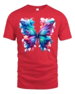 Vibrant Rainbow Butterfly Art Tee with Colorful Ink Splash - red t-shirt on white background