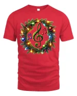 Christmas Music Wreath Tee with Treble Clef Holiday Lights - red t-shirt on white background