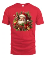 Vintage Santa Christmas Tee with Pine Cones and Gifts - red t-shirt on white background