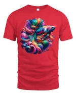 Vibrant Betta Fish Art Tee with Colorful Flowing Fins - red t-shirt on white background