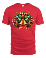Christmas Bells Holiday Tee with Candy Canes and Holly Art - red t-shirt on white background