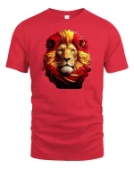 Majestic Fiery Lion Tee with Bold Red and Gold Mane Art - red t-shirt on white background