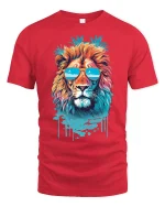 Cool Summer Lion Tee with Sunglasses and Tropical Vibes - red t-shirt on white background