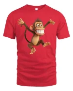 Funny Crazy Monkey Tee with Big Smile Cartoon Design - red t-shirt on white background