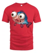 Funny Big Eyed Fish Tee with Cute Cartoon Ocean Design - red t-shirt on white background