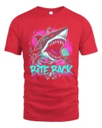 Bite Back Shark Tee with Neon Graffiti Style Artwork - red t-shirt on white background