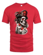 Pirate Skull Captain Tee with Red Sails and Dark Ocean Art - red t-shirt on white background