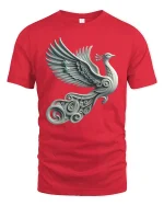 Elegant Silver Peacock Tee with Artistic Winged Bird Design - red t-shirt on white background