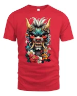 Fierce Oni Mask Floral Art Tee with Bold Japanese Style - red t-shirt on white background