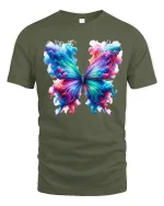 Vibrant Rainbow Butterfly Art Tee with Colorful Ink Splash - military green t-shirt on white background