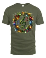 Christmas Music Wreath Tee with Treble Clef Holiday Lights - military green t-shirt on white background