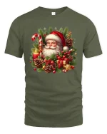 Vintage Santa Christmas Tee with Pine Cones and Gifts - military green t-shirt on white background