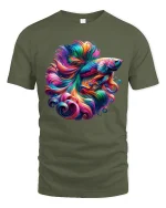 Vibrant Betta Fish Art Tee with Colorful Flowing Fins - military green t-shirt on white background