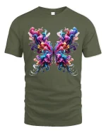Vibrant Abstract Butterfly Art Tee with Colorful Swirls - military green t-shirt on white background