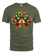 Christmas Bells Holiday Tee with Candy Canes and Holly Art - military green t-shirt on white background