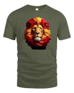 Majestic Fiery Lion Tee with Bold Red and Gold Mane Art - military green t-shirt on white background