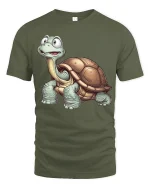 Cute Happy Turtle Tee with Cartoon Style for Animal Lovers - military green t-shirt on white background