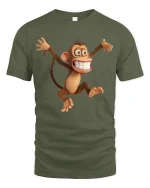 Funny Crazy Monkey Tee with Big Smile Cartoon Design - military green t-shirt on white background