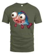 Funny Big Eyed Fish Tee with Cute Cartoon Ocean Design - military green t-shirt on white background