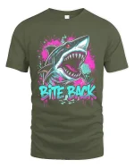 Bite Back Shark Tee with Neon Graffiti Style Artwork - military green t-shirt on white background