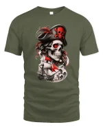 Pirate Skull Captain Tee with Red Sails and Dark Ocean Art - military green t-shirt on white background