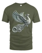 Elegant Silver Peacock Tee with Artistic Winged Bird Design - military green t-shirt on white background
