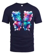 Vibrant Rainbow Butterfly Art Tee with Colorful Ink Splash - navy t-shirt on white background
