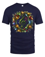 Christmas Music Wreath Tee with Treble Clef Holiday Lights - navy t-shirt on white background