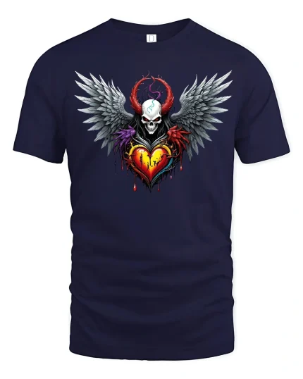 Demon Skull Heart Wing Tee with Dark Fantasy Art Design - navy t-shirt on white background