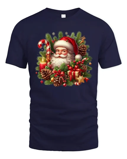 Vintage Santa Christmas Tee with Pine Cones and Gifts - navy t-shirt on white background