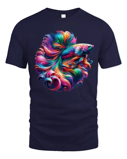 Vibrant Betta Fish Art Tee with Colorful Flowing Fins - navy t-shirt on white background