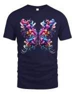 Vibrant Abstract Butterfly Art Tee with Colorful Swirls - navy t-shirt on white background