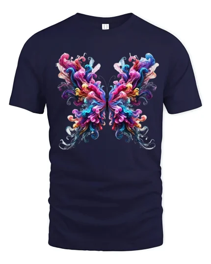 Vibrant Abstract Butterfly Art Tee with Colorful Swirls - navy t-shirt on white background