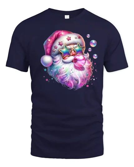 Retro Bubblegum Santa Tee with Colorful Galaxy Style - navy t-shirt on white background