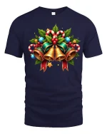 Christmas Bells Holiday Tee with Candy Canes and Holly Art - navy t-shirt on white background