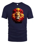 Majestic Fiery Lion Tee with Bold Red and Gold Mane Art - navy t-shirt on white background