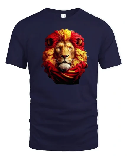Majestic Fiery Lion Tee with Bold Red and Gold Mane Art - navy t-shirt on white background