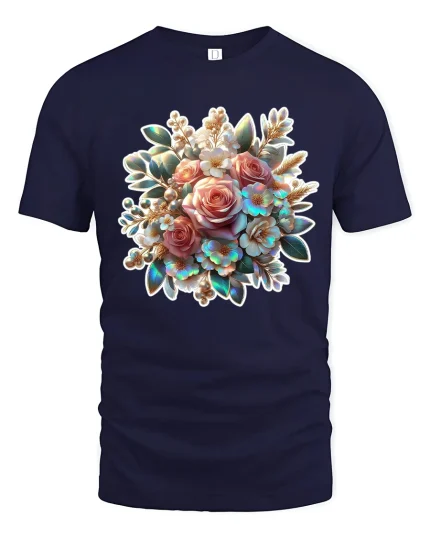 Elegant Floral Bouquet Tee with Pastel Rose Art Design - navy t-shirt on white background