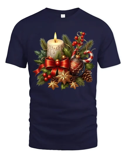 Cozy Christmas Candle Tee with Festive Holiday Decorations - navy t-shirt on white background