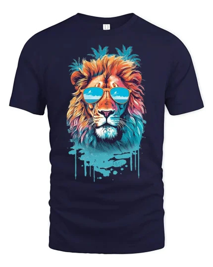 Cool Summer Lion Tee with Sunglasses and Tropical Vibes - navy t-shirt on white background