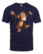 Funny Crazy Monkey Tee with Big Smile Cartoon Design - navy t-shirt on white background