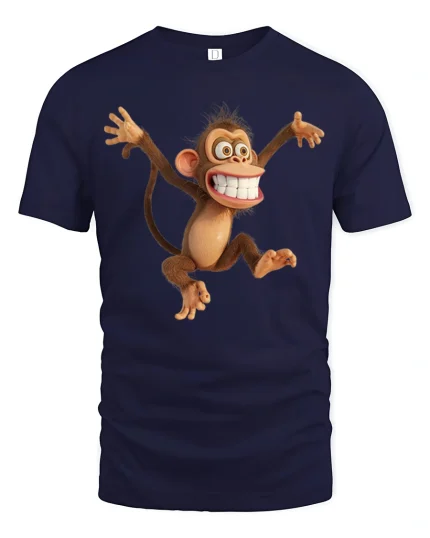 Funny Crazy Monkey Tee with Big Smile Cartoon Design - navy t-shirt on white background
