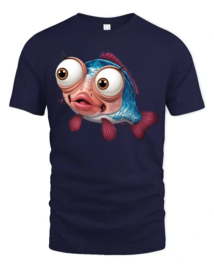 Funny Big Eyed Fish Tee with Cute Cartoon Ocean Design - navy t-shirt on white background