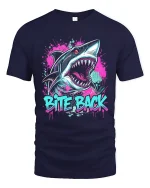Bite Back Shark Tee with Neon Graffiti Style Artwork - navy t-shirt on white background
